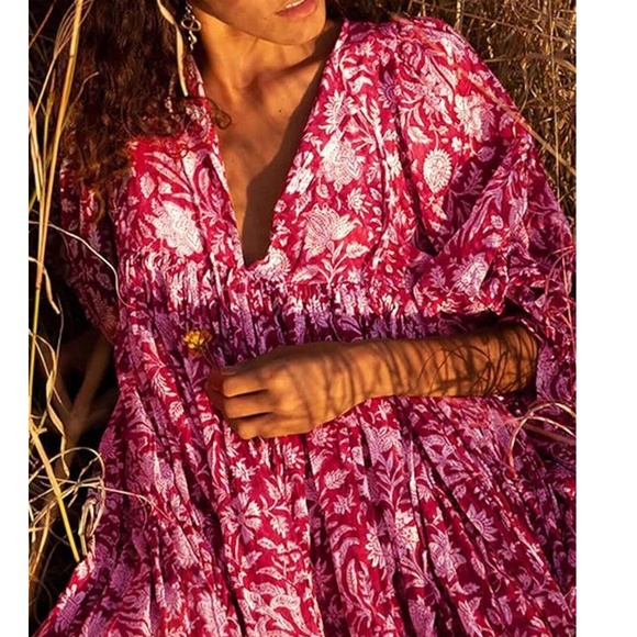 Boho Floral Print V neck 3/4 Sleeve Loose Fit Dress - Picture 9 of 11